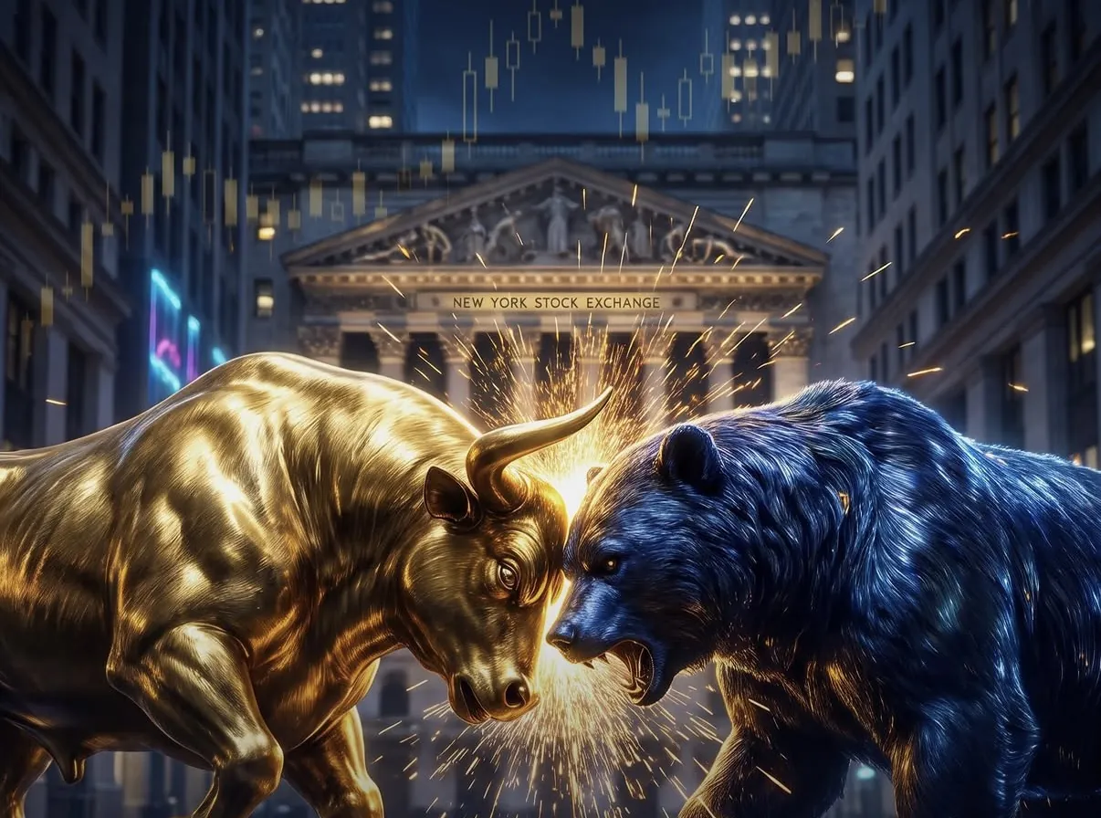 A gold bull and a dark blue bear meeting head on outside the New York Stock Exchange, sparks between them.